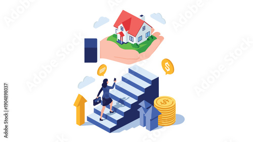Successful businesswoman climbing stairs towards new house held in giant hand representing real estate dreams.