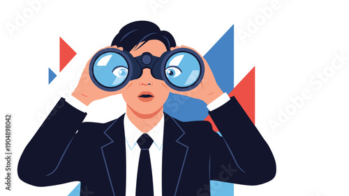 Surprised businessman in dark suit looking through binoculars searching for new opportunities or market trends.