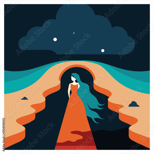 A girl on the cave road vector art illustration