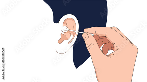 Close up of a human hand using a cotton bud to clean the ear canal for personal hygiene and wax removal maintenance.