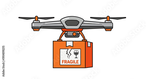 Delivery drone carrying box with fragile broken glass symbol warning vector