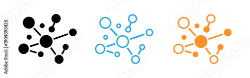 Molecular structure icons in black blue and orange