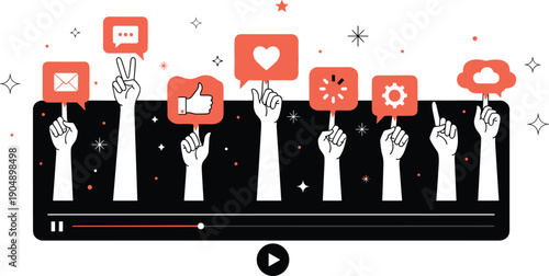 Stylized illustration of raised hands holding digital icons, social media engagement concept, user interaction, communication, online community design