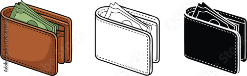 Wallet with Money silhouette & Outline and illustration set isolated on transparent background