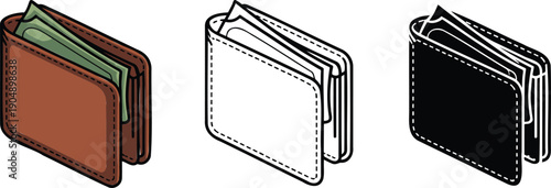 Wallet with Money silhouette & Outline and illustration set isolated on transparent background