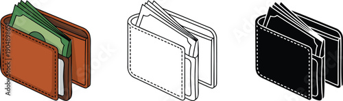 Wallet with Money silhouette & Outline and illustration set isolated on transparent background