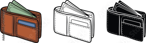 Wallet with Money silhouette & Outline and illustration set isolated on transparent background