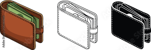 Wallet with Money silhouette & Outline and illustration set isolated on transparent background