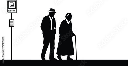 Black vector silhouette of an elderly couple waiting for public transportation at a bus stop sign isolated on white background.