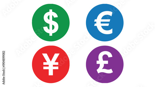 Major World Currency Symbol Coin Icon Set. Finance Money Dollar Euro Yen Pound Collection