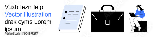 Office organization, career planning, remote work, productivity tools, job preparation, modern workforce. ion of a document, briefcase and seated person on a laptop. Career planning and remote work
