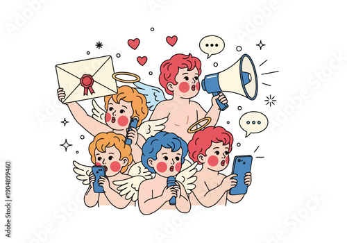 A group of cute cartoon angels holding various communication devices and symbols