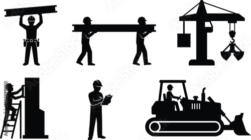 Construction workers silhouette set illustrating heavy labor activities including lifting beams, crane operation, ladder work, site inspection, and bulldozer machinery on white background