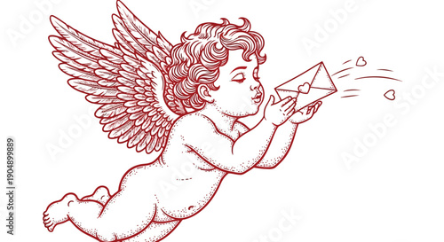 A cherub with wings holds an envelope and blows hearts into the air