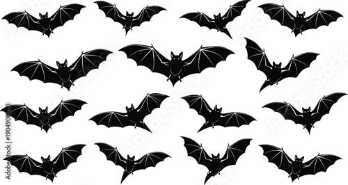 Flying bat silhouettes pattern collection featuring spooky nocturnal animals, Halloween horror theme, black vector illustrations for dark background designs isolated on white background