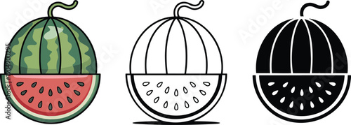 Watermelon silhouette & Outline and illustration set isolated on transparent background