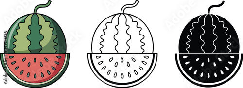 Watermelon silhouette & Outline and illustration set isolated on transparent background