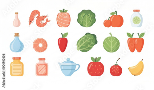 Healthy Lifestyle Food Set with Seafood Vegetables and Fruits Flat Vector