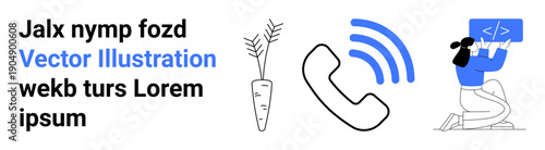 Technology, communication, remote work, coding, nature, symbols. A carrot, phone with signal waves and woman coding on a screen. Communication and technology concept