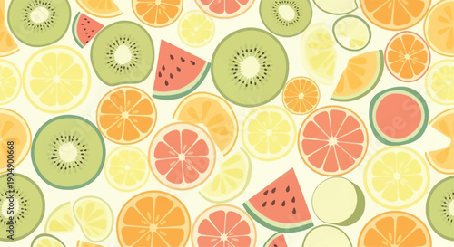 Colorful array of fresh tropical and citrus fruits in a vibrant pattern design