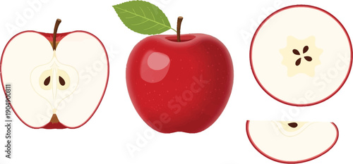 Three views of apples showcasing their outer and inner appearances