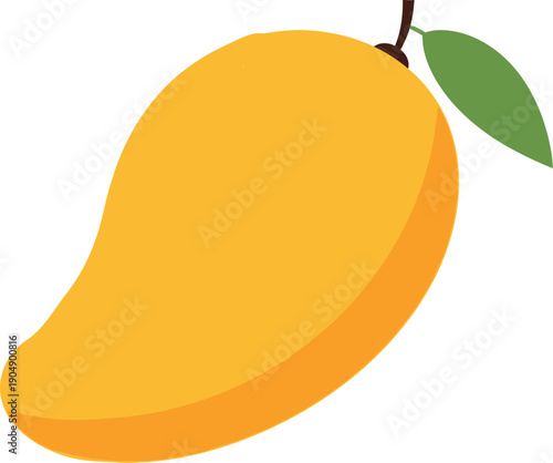 A bright and vibrant illustration of a ripe mango with a green leafy stem