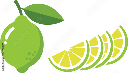 Fresh lime and lemon slices next to a whole green lime fruit illustration
