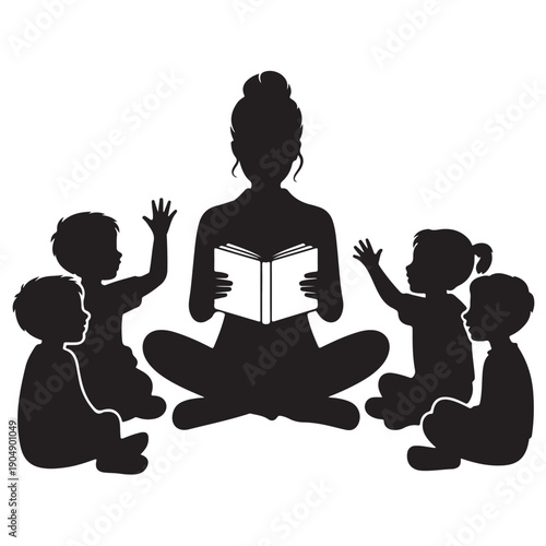 Silhouette of woman reading to engaged children book