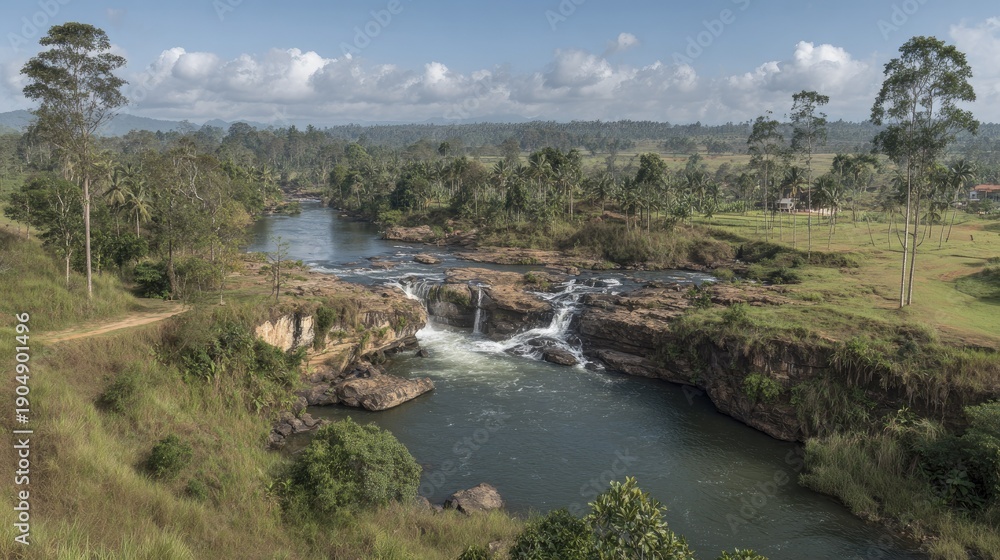 Fototapeta premium Scenic river flowing through lush landscape under a blue sky with clouds