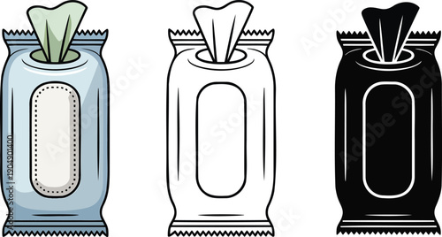 Wet wipes or tissue silhouette & Outline and illustration set isolated on transparent background