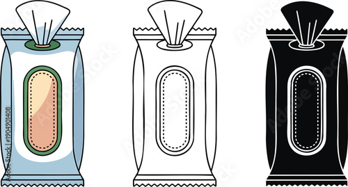 Wet wipes or tissue silhouette & Outline and illustration set isolated on transparent background