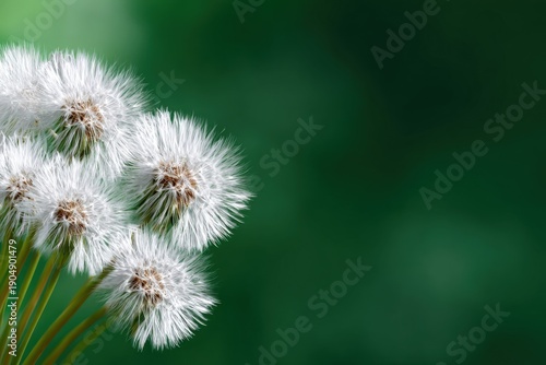 Close-up of dandelion seed heads against vibrant green background