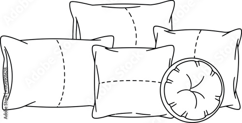 Collection of various throw pillows and a round decorative cushion shown in simple black outline vector art isolated on a white background for design use