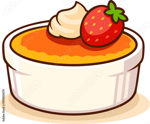 Cute flat creme brulee dessert with strawberry topping vector illustration isolated on white background.