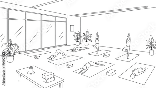 Outline illustration depicts a peaceful yoga class in a bright studio with practitioners holding various poses using mats and blocks near large windows and potted plants.