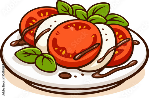 Cute flat caprese salad with tomato mozzarella and basil vector illustration isolated on white background.