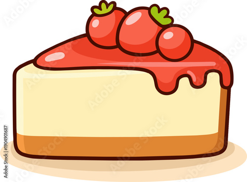 Cute flat strawberry cheesecake slice with red topping vector illustration isolated on white background.