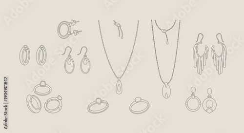 Collection of delicate line art illustrations showcasing various minimalist jewelry designs including necklaces rings and multiple styles of elegant earrings for fashion concepts.