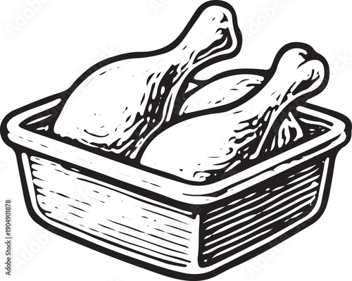Vintage Chicken Drumsticks Tray Engraving Retro Poultry Freezer Meal Illustration Woodcut Line Art