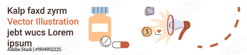 Healthcare marketing, pharmaceutical promotions, digital health, medical awareness, product advertisement, public health. Medicine bottle, pills megaphone and currency icons. Healthcare marketing