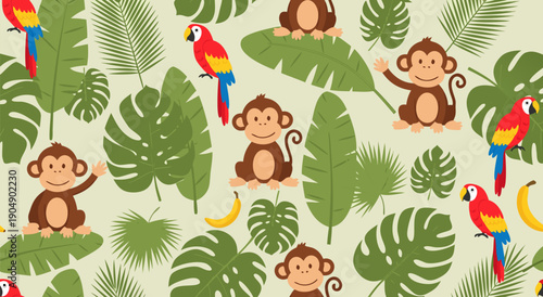 Jungle Safari Adventure Seamless Pattern Charming Monkey and Parrot Vector Illustration with Tropical Leaves and Bananas
