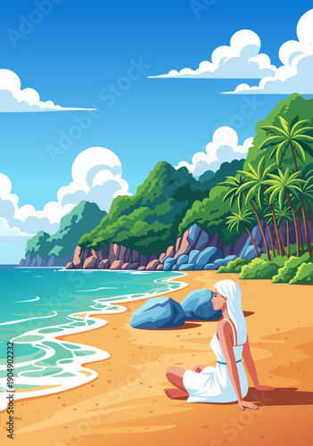 A Serene Tropical Beach Vacation Vector Illustration of a Woman Enjoying the Sun and Sea