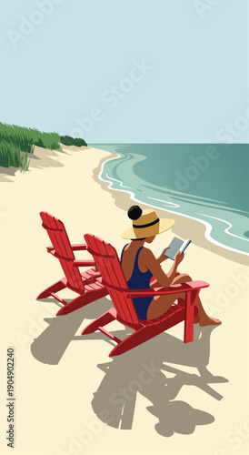 Beachside Serenity A Vector Illustration of a Woman Relaxing in a Chair with a Book by the Ocean