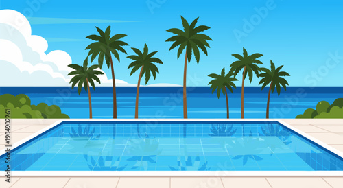 Tropical Paradise Poolside Oasis A Vibrant Vector Illustration of Palm Trees and Clear Blue Water