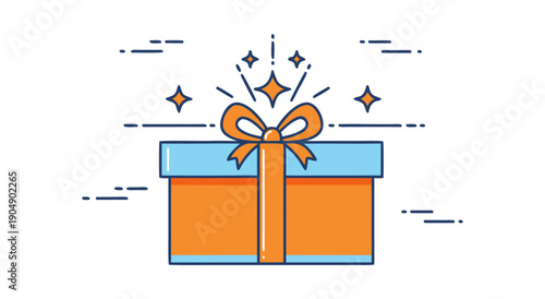 Vector illustration of a gift box with a ribbon bow and sparkling stars, perfect for celebrations and surprise presents