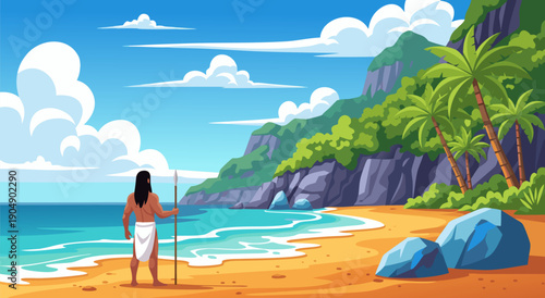 Exotic tropical island beach scene vector illustration of a man standing on sand watching the ocean waves with lush green cliffs and palm trees in the background