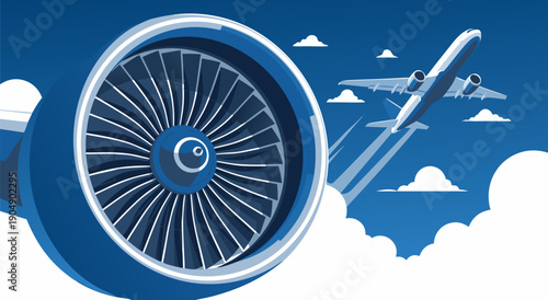 A Blue Vector Illustration of a Jet Engine and Airplane Flying Through Clouds