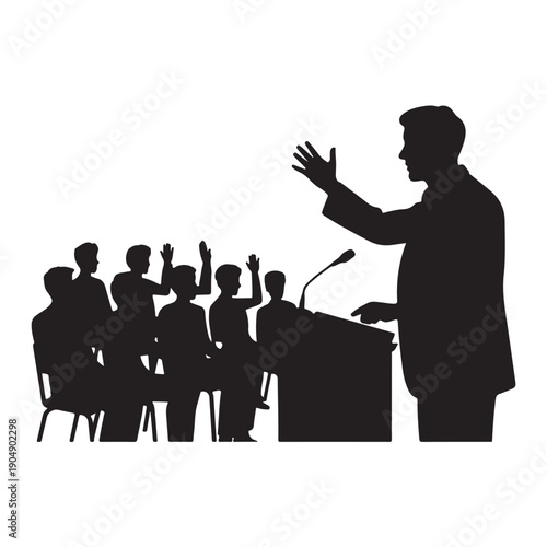 Speaker addressing audience with raised hands silhouette