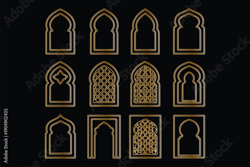 Golden islamic window frame vector illustration collection. Arabian radmadan border design isolated on white.