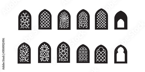 Islamic door and window shape. mosque gates and window frame. Traditional islamic arches boho minimalist design, arabic geometric frames with mosque dome silhouette. Set of Islamic border